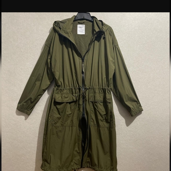 GAP FIT long lightweight jacket army green nylon hooded water resistant zip SM - Picture 6 of 9